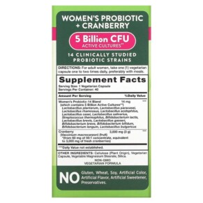 Thành phần vi chất của Nature's Truth Women's Probiotic + Cranberry 40 Vegetarian Capsules 840093112125