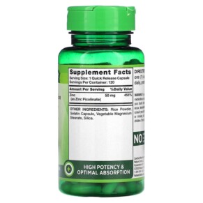 Thành phần vi chất của Nature's Truth Zinc Picolinate 50 mg 120 Quick Release Capsules 840093120182