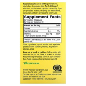 Thành phần vi chất của Nature's Way Alive! Immune Support Vitamin C 120 Vegetarian Capsules 033674151426