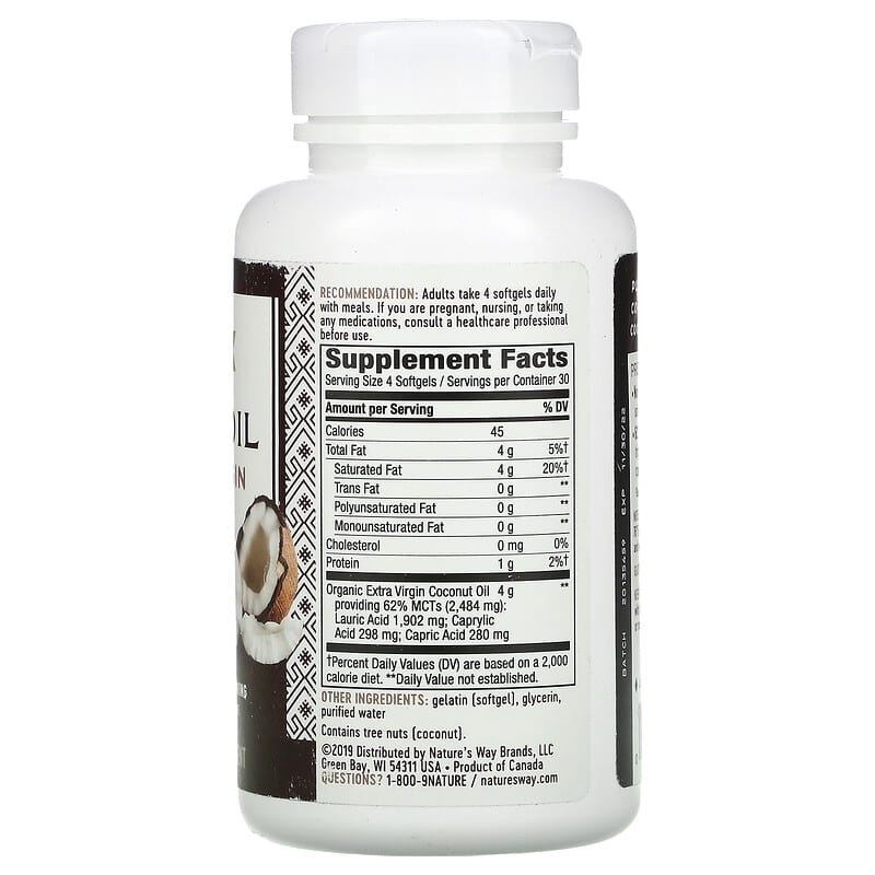 Nature's Way Coconut Oil Pure Extra Virgin 1.000 mg 120 Softgels 2 Thành phần vi chất của Nature's Way Coconut Oil Pure Extra Virgin 1.000 mg 120 Softgels 033674100097