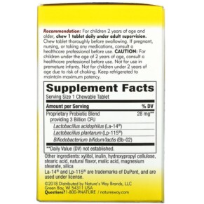 Thành phần vi chất của Nature's Way Primadophilus Kids Age 2-12 Cherry 3 Billion CFU 60 Chewable Tablets 033674110355