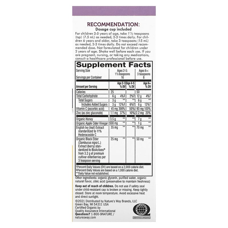 Nature's Way Sambucus for Kids HoneyBerry Cough Syrup 4 fl oz (120 ml) 2 Thành phần vi chất của Nature's Way Sambucus for Kids HoneyBerry Cough Syrup 4 fl oz (120 ml) 033674133156