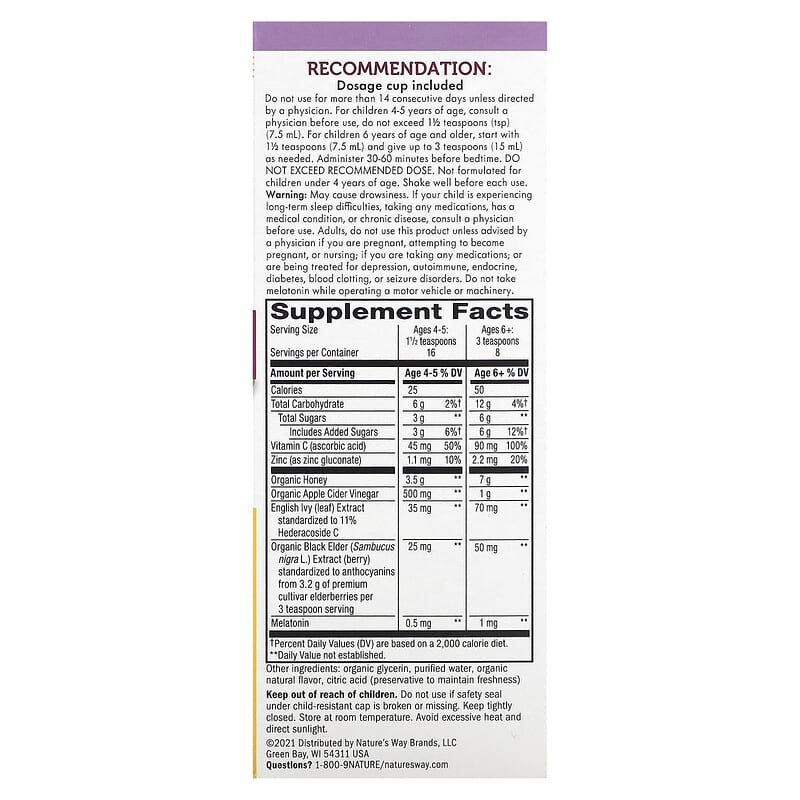 Nature's Way Sambucus for Kids HoneyBerry NightTime Cough Syrup 4 fl oz (120 ml) 2 Thành phần vi chất của Nature's Way Sambucus for Kids HoneyBerry NightTime Cough Syrup 4 fl oz (120 ml) 033674133163
