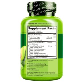 Thành phần vi chất của NATURELO Vitamin K2 + D3 From Chickpeas & Lichen 60 Vegetarian Capsules 628110628589