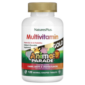 Thực phẩm chức năng NaturesPlus Animal Parade Gold Children's Chewable Multivitamin Supplement Cherry Grape & Orange 120 Animal-Shaped Tablets 097467299283