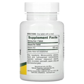 Thành phần vi chất của NaturesPlus Betaine Hydrochloride 600 mg 90 Tablets 097467043701