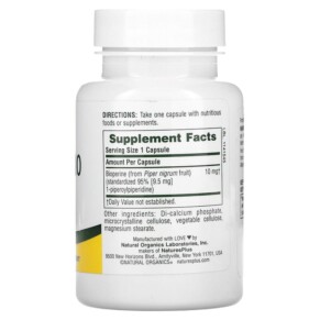 Thành phần vi chất của NaturesPlus Bioperine 10 90 Capsules 097467043770