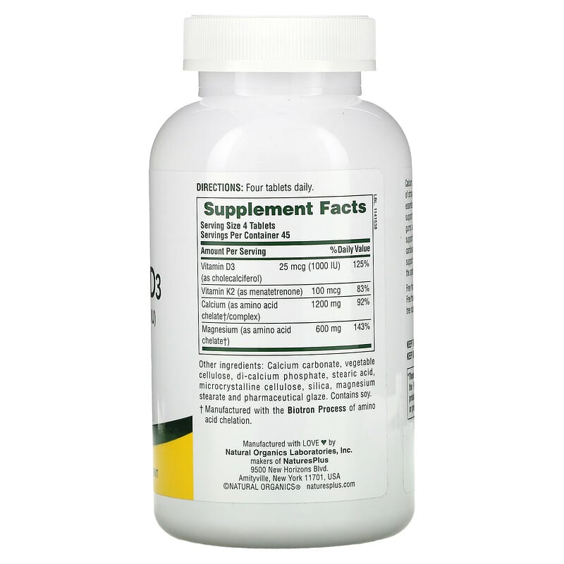 NaturesPlus Cal/Mag/Vit D3 with Vitamin K2 180 Tablets 2 Thành phần vi chất của NaturesPlus Cal/Mag/Vit D3 with Vitamin K2 180 Tablets 097467336476