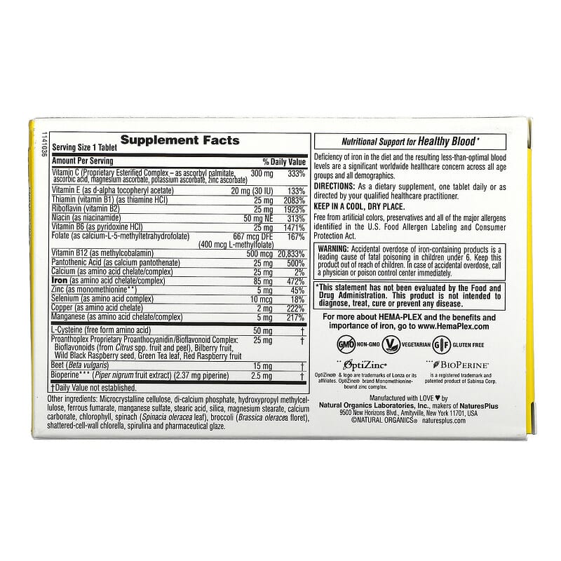 NaturesPlus Hema-Plex Iron with Essential Nutrients for Healthy Red Blood Cells 10 Slow Release Tablets 2 Thành phần vi chất của NaturesPlus Hema-Plex Iron with Essential Nutrients for Healthy Red Blood Cells 10 Slow Release Tablets 097467996625