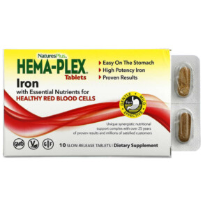 Thực phẩm chức năng NaturesPlus Hema-Plex Iron with Essential Nutrients for Healthy Red Blood Cells 10 Slow Release Tablets 097467996625