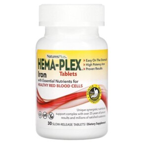 Thực phẩm chức năng NaturesPlus Hema-Plex Iron with Essential Nutrients for Healthy Red Blood Cells 30 Slow Release Tablets 097467037601