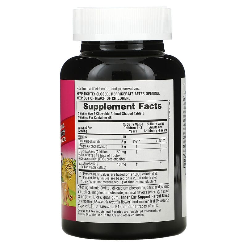 NaturesPlus Source of Life Animal Parade Children's Chewable Inner Ear Support Natural Cherry 90 Animal-Shaped Tablets 2 Thành phần vi chất của NaturesPlus Source of Life Animal Parade Children's Chewable Inner Ear Support Natural Cherry 90 Animal-Shaped Tablets 097467299498