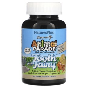 Thực phẩm chức năng NaturesPlus Source of Life Animal Parade Children's Chewable Tooth Fairy Probiotic Vitamin D3 & Calcium Vanilla 90 Animal-Shaped Tablets 097467299481
