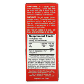 Thành phần vi chất của NaturesPlus Source of Life Animal Parade Vitamin D3 Liquid Drops Natural Orange 400 IU 0.34 fl oz (10 ml) 097467299412
