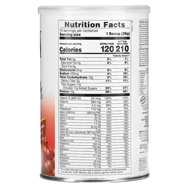 NaturesPlus Spiru-Tein High Protein Energy Meal Exotic Red Fruit 1.1 lbs (504 g) 2 Thành phần vi chất của NaturesPlus Spiru-Tein High Protein Energy Meal Exotic Red Fruit 1.1 lbs (504 g) 097467459229