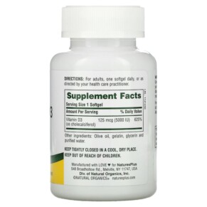 Thành phần vi chất của NaturesPlus Vitamin D3 125 mcg (5.000 IU) 60 Softgels 097467010475