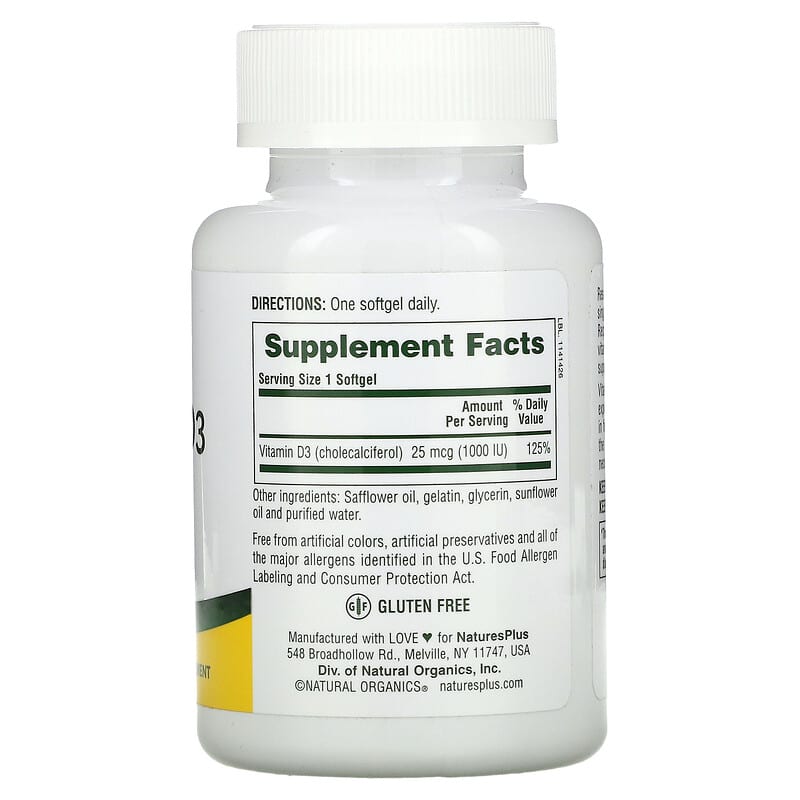 NaturesPlus Vitamin D3 25 mcg (1.000 IU) 180 Softgels 2 Thành phần vi chất của NaturesPlus Vitamin D3 25 mcg (1.000 IU) 180 Softgels 097467010420