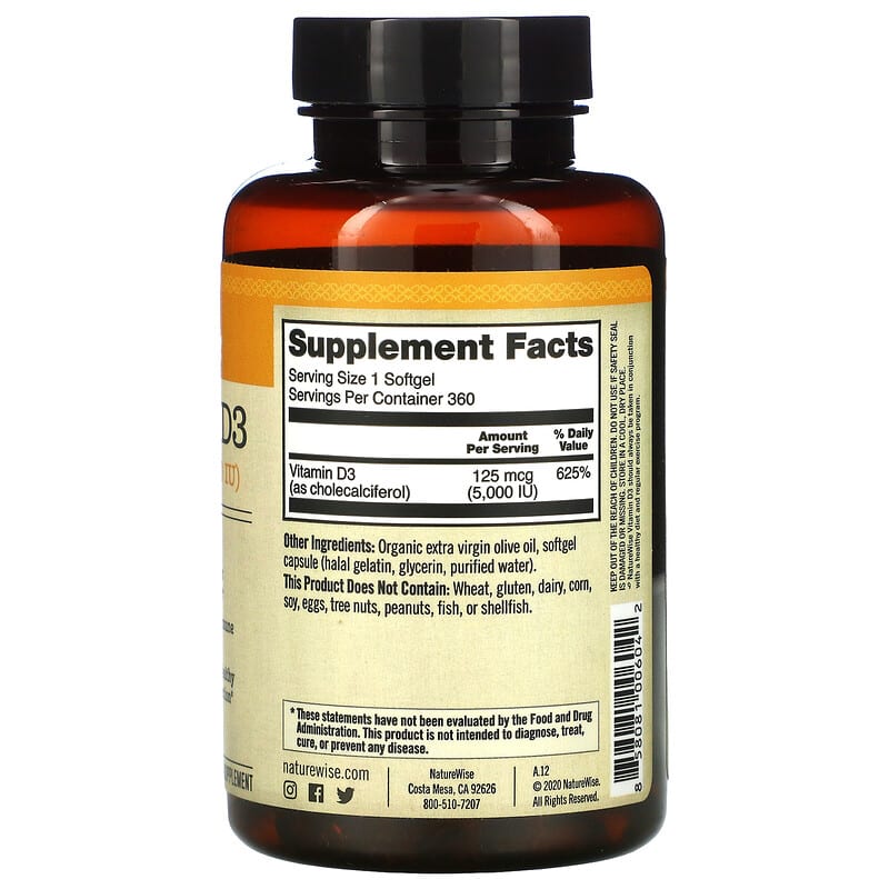 NatureWise Vitamin D3 125 mcg (5.000 IU) 360 Softgels 2 Thành phần vi chất của NatureWise Vitamin D3 125 mcg (5.000 IU) 360 Softgels 858081006042