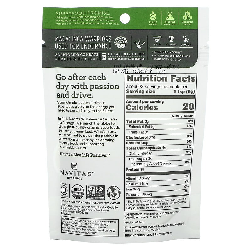 Navitas Organics Organic Maca Gelatinized 4 oz (113 g) 2 Thành phần vi chất của Navitas Organics Organic Maca Gelatinized 4 oz (113 g) 811961020224