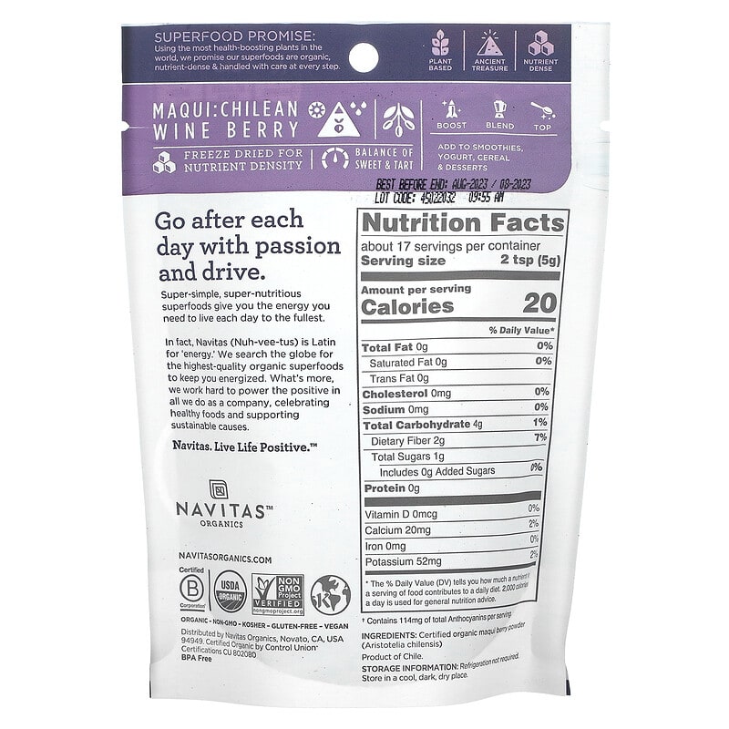 Navitas Organics Organic Maqui Powder Tart Berry 3 oz (85 g) 2 Thành phần vi chất của Navitas Organics Organic Maqui Powder Tart Berry 3 oz (85 g) 858847000642