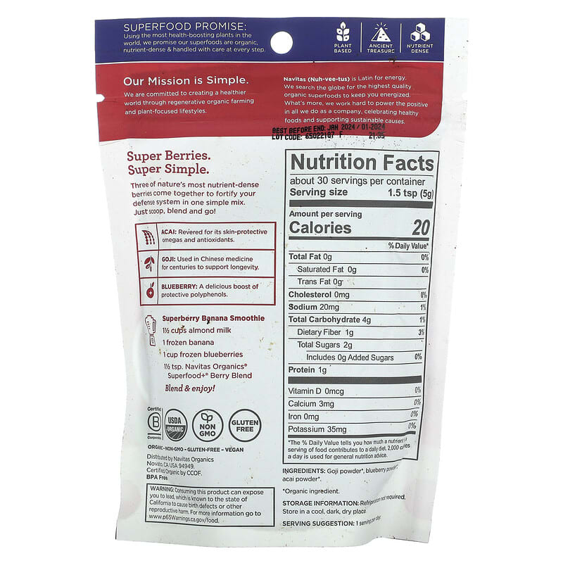Navitas Organics Organic Superfood+ Berry Blend Acai + Goji + Blueberry 5.3 oz (150 g) 2 Thành phần vi chất của Navitas Organics Organic Superfood+ Berry Blend Acai + Goji + Blueberry 5.3 oz (150 g) 811961022518