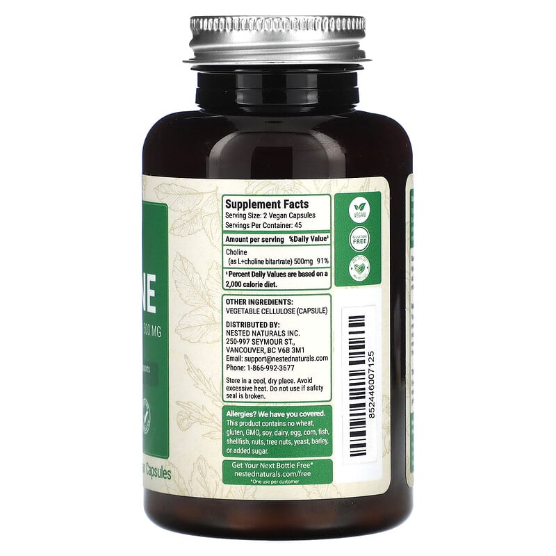 Nested Naturals Choline (L (+) Choline Bitartrate) 250 mg 90 Vegan Capsules 2 Thành phần vi chất của Nested Naturals Choline (L (+) Choline Bitartrate) 250 mg 90 Vegan Capsules 852446007125