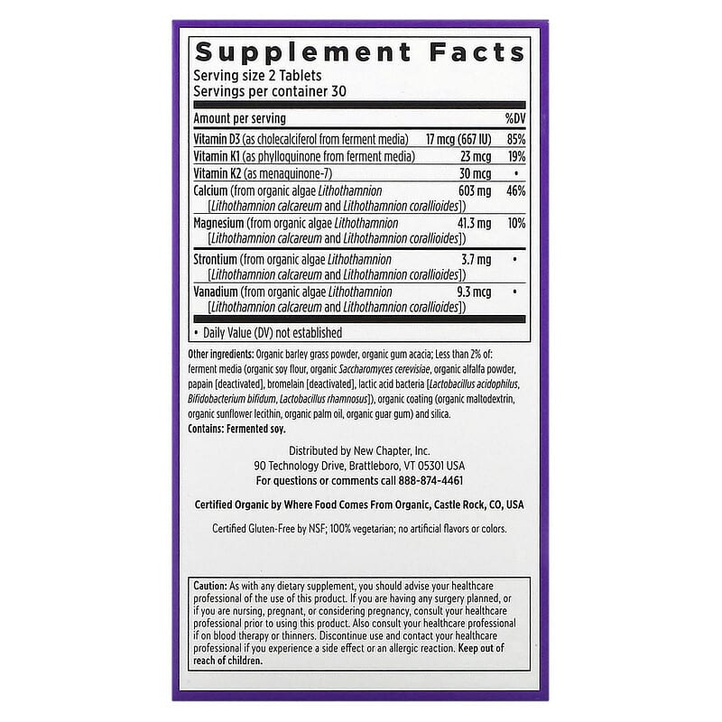 New Chapter Organic Plant Calcium Women Under 40 60 Vegetarian Slim Tablets 2 Thành phần vi chất của New Chapter Organic Plant Calcium Women Under 40 60 Vegetarian Slim Tablets 727783903693