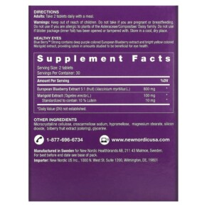 Thành phần vi chất của New Nordic US Inc Blue Berry Strong 60 Tablets 741805717402