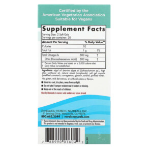 Thành phần vi chất của Nordic Naturals Algae DHA 60 Soft Gels 768990016042