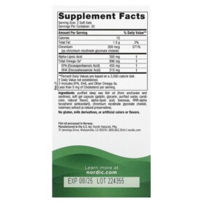 Thành phần vi chất của Nordic Naturals Blood Sugar Support Omega Blend 448 mg 60 Soft Gels 768990018701