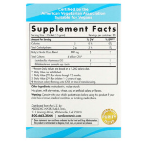 Thành phần vi chất của Nordic Naturals Nordic Flora Baby's Probiotic Powder Ages 6 Months - 3 Years 4 Billion CFU 30 Packets 768990016752