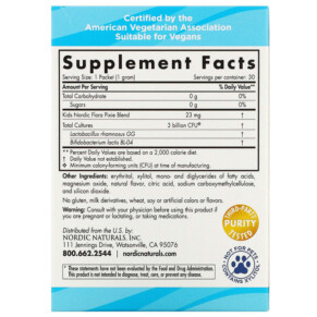 Thành phần vi chất của Nordic Naturals Nordic Flora Kids Probiotic Pixies Rad Berry 3 Billion CFU 30 Packets 768990016783