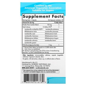 Thành phần vi chất của Nordic Naturals Nordic Flora Probiotic Comfort 15 Billion CFU 30 Capsules 768990016769