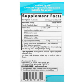 Thành phần vi chất của Nordic Naturals Nordic Flora Probiotic Daily 12 Billion CFU 60 Capsules 768990016721