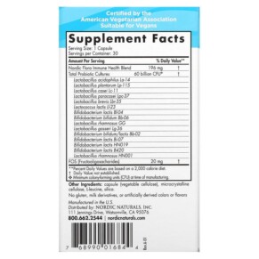 Thành phần vi chất của Nordic Naturals Nordic Flora Probiotic Immune Health 60 Billion CFU 30 Capsules 768990016844