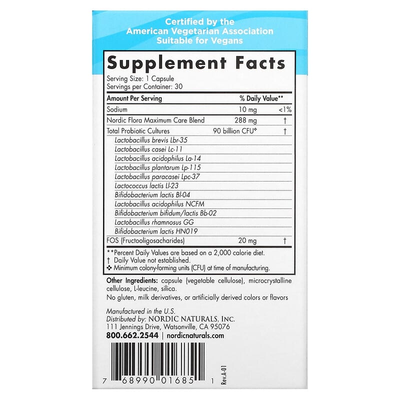 Nordic Naturals Nordic Flora Probiotic Maximum Care 90 Billion CFU 30 Capsules 2 Thành phần vi chất của Nordic Naturals Nordic Flora Probiotic Maximum Care 90 Billion CFU 30 Capsules 768990016851