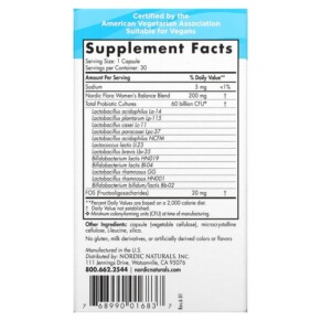 Thành phần vi chất của Nordic Naturals Nordic Flora Probiotic Women's Balance 60 Billion CFU 30 Capsules 768990016837