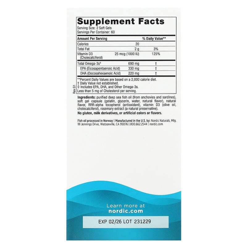 Nordic Naturals Omega-3D Lemon 345 mg 120 Soft Gels 2 Thành phần vi chất của Nordic Naturals Omega-3D Lemon 345 mg 120 Soft Gels 768990027611