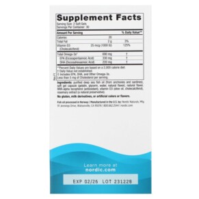 Thành phần vi chất của Nordic Naturals Omega-3D Lemon 345 mg 60 Soft Gels 768990017612