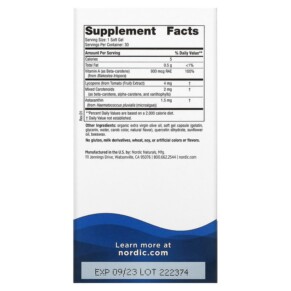 Thành phần vi chất của Nordic Naturals Vitamin A + Carotenoids 30 Softgels 768990015304