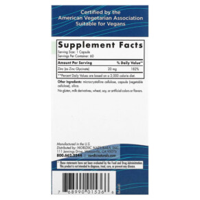 Thành phần vi chất của Nordic Naturals Zinc Glycinate 20 mg 60 Capsules 768990015366