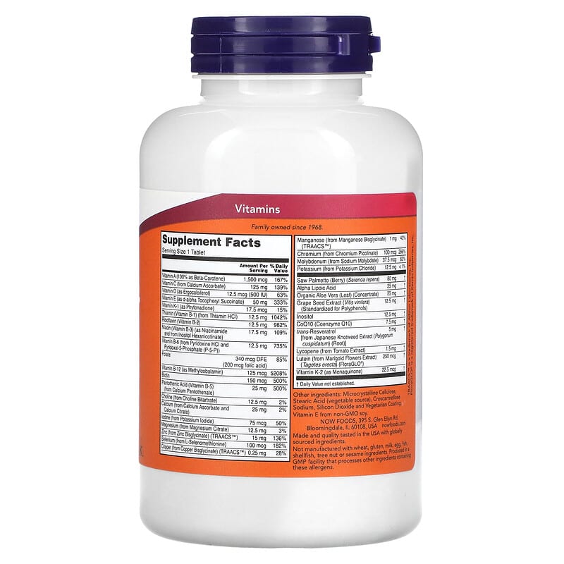 NOW Foods ADAM Superior Men's Multi 120 Tablets 2 Thành phần vi chất của NOW Foods ADAM Superior Men's Multi 120 Tablets 733739038760