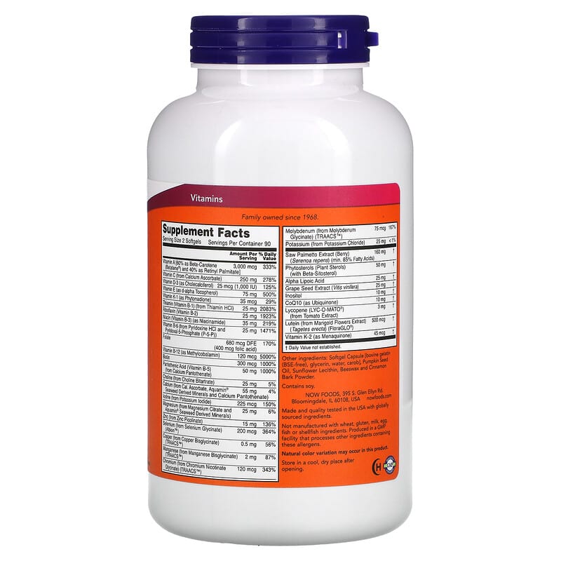 NOW Foods ADAM Superior Men's Multi 180 Softgels 2 Thành phần vi chất của NOW Foods ADAM Superior Men's Multi 180 Softgels 733739038814