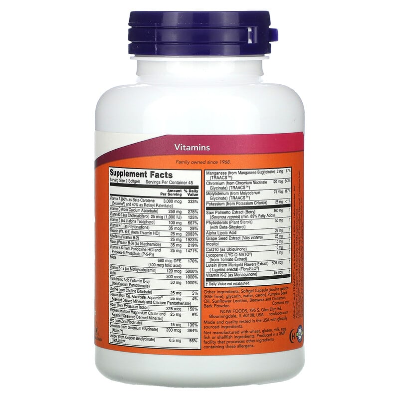 NOW Foods ADAM Superior Men's Multi 90 Softgels 2 Thành phần vi chất của NOW Foods ADAM Superior Men's Multi 90 Softgels 733739038807
