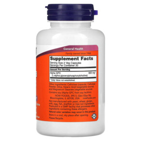 Thành phần vi chất của NOW Foods Alpha GPC 300 mg 60 Veg Capsules 733739030856