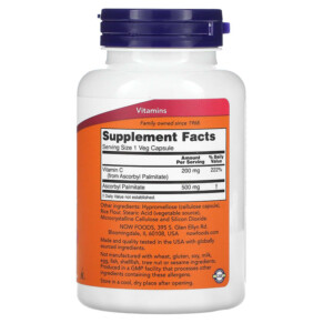 Thành phần vi chất của NOW Foods Ascorbyl Palmitate 500 mg 100 Veg Capsules 733739006080
