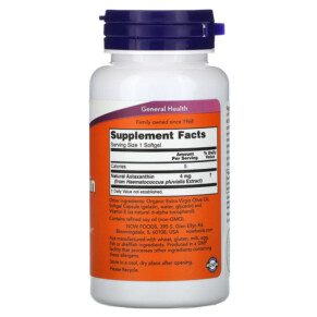 Thành phần vi chất của NOW Foods Astaxanthin 4 mg 90 Softgels 733739023056