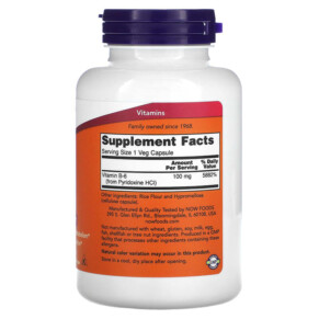 Thành phần vi chất của NOW Foods B-6 100 mg 250 Veg Capsules 733739004581