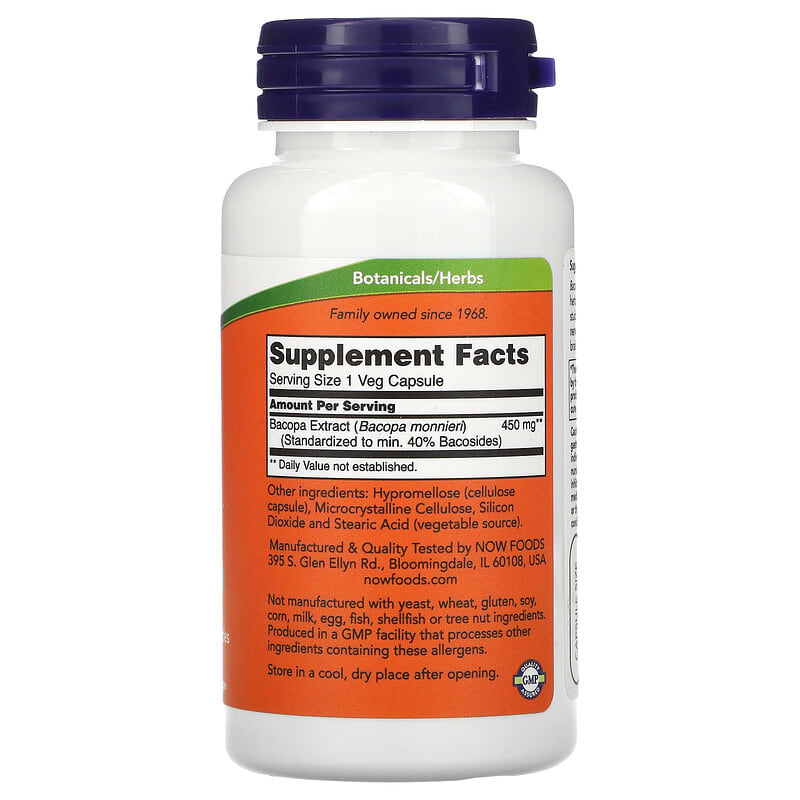 NOW Foods Bacopa Extract 450 mg 90 Veg Capsules 2 Thành phần vi chất của NOW Foods Bacopa Extract 450 mg 90 Veg Capsules 733739045881