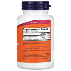 Thành phần vi chất của NOW Foods C-1000 Zinc Immune Vitamin C 1.000 mg & Zinc 15 mg 90 Veg Capsules 733739006943